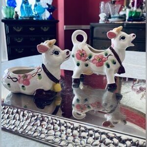 Vintage Colorful Floral Cows w/ Bells Unique Sugar & Creamer Set,  MCM Japan